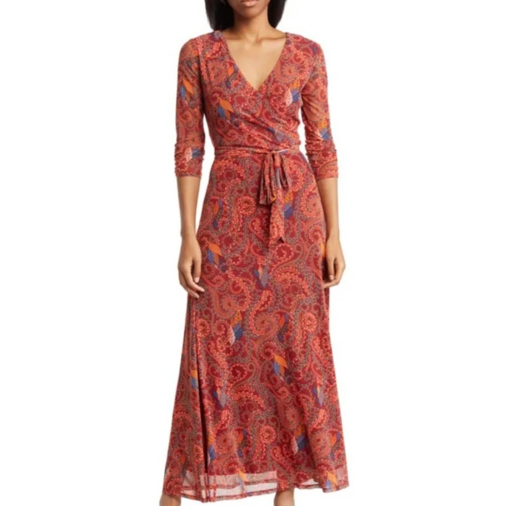 Harlow & Rose Paisley Print Maxi Dress Burnout Sheer Sleeve Boho‎ Chic Sz M M